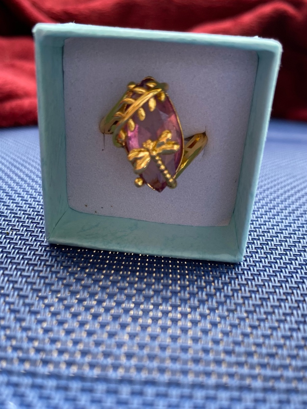 Gold Dragonfly Pink Crystal Ring